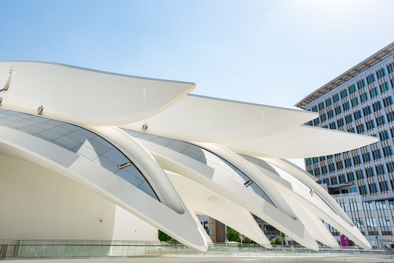team-02 A stunning view of modern architectural design at an expo venue showcasing futuristic styles.